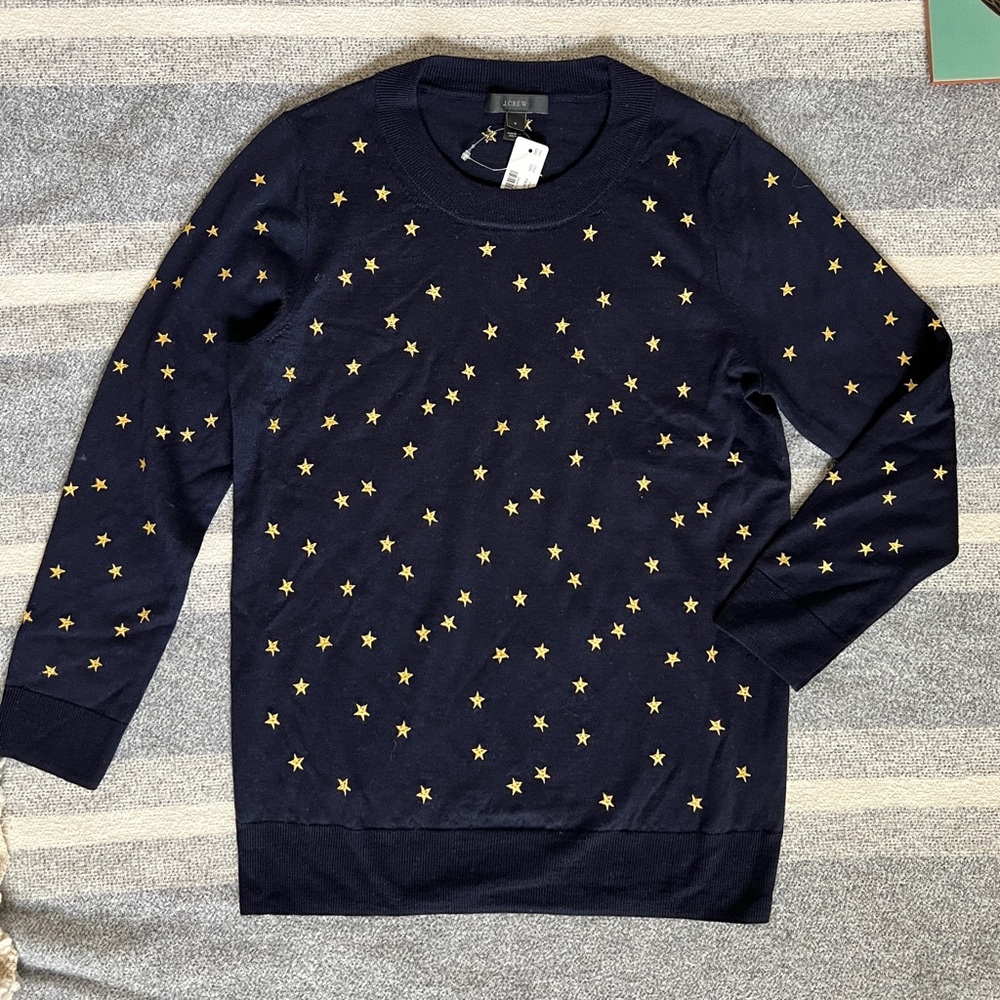 JCrew Tippy Sweater in 100% Wool with Embroidered Stars (Small)